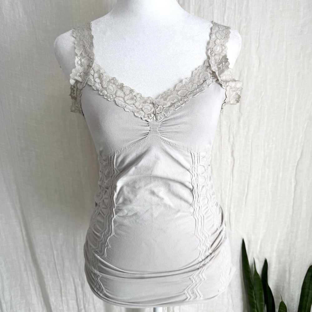 Vtg Y2K Lace Trim Cami Tank Top Fairy Coquette Festival Boho Stretch Ruched Gray